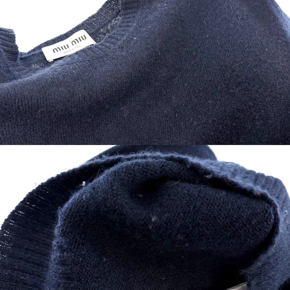 Miu Miu Miu Top Center Slit Back Logo Long Sleeve Knit Sweater 40 Navy Cashmere — view 6