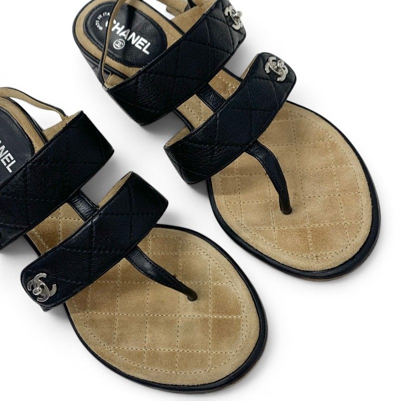 Chanel Sandals Shoes Leather Black Silver CC Logo Quilted Strap — view 9