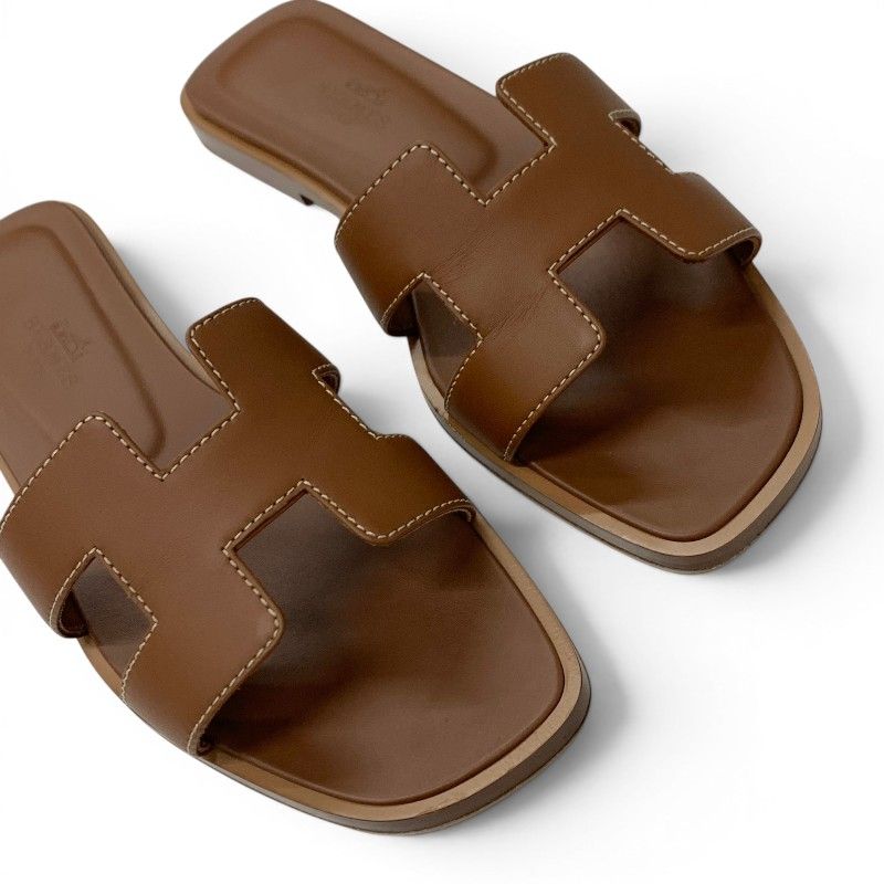 Hermes Oran Sandals Shoes Leather Brown Flat Mules — view 9