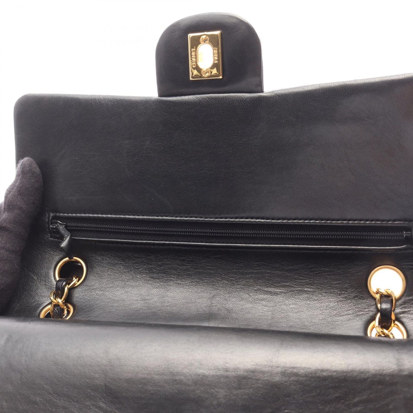 Chanel Shoulder Bag Quilted Double Flap Black Lambskin Chain — view 9