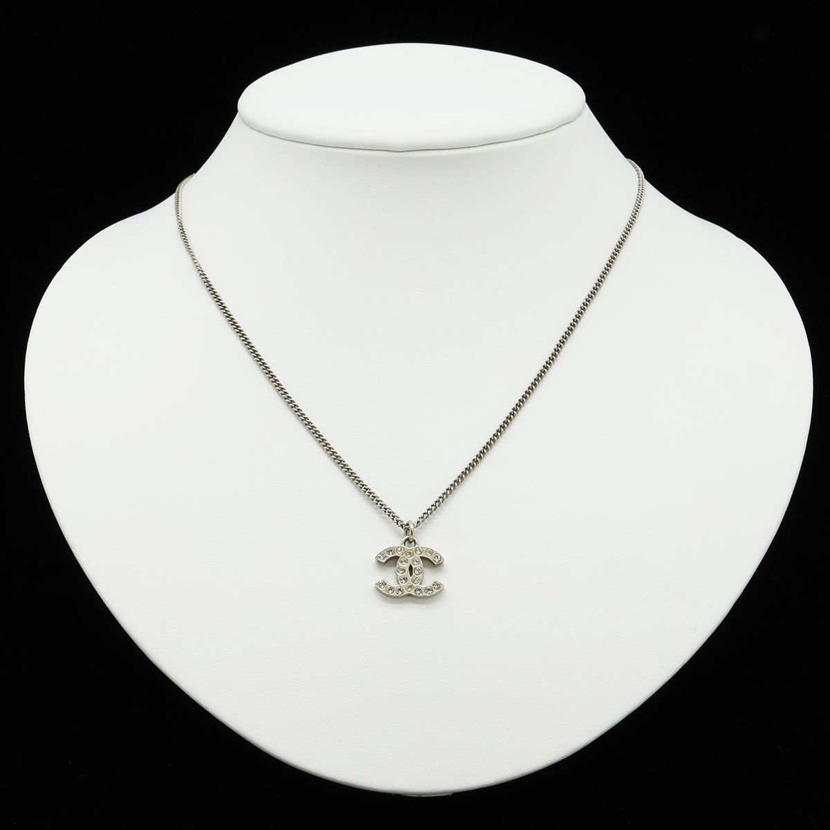 Chanel CC Logo Necklace Pendant Line Stone Metal Silver — view 6