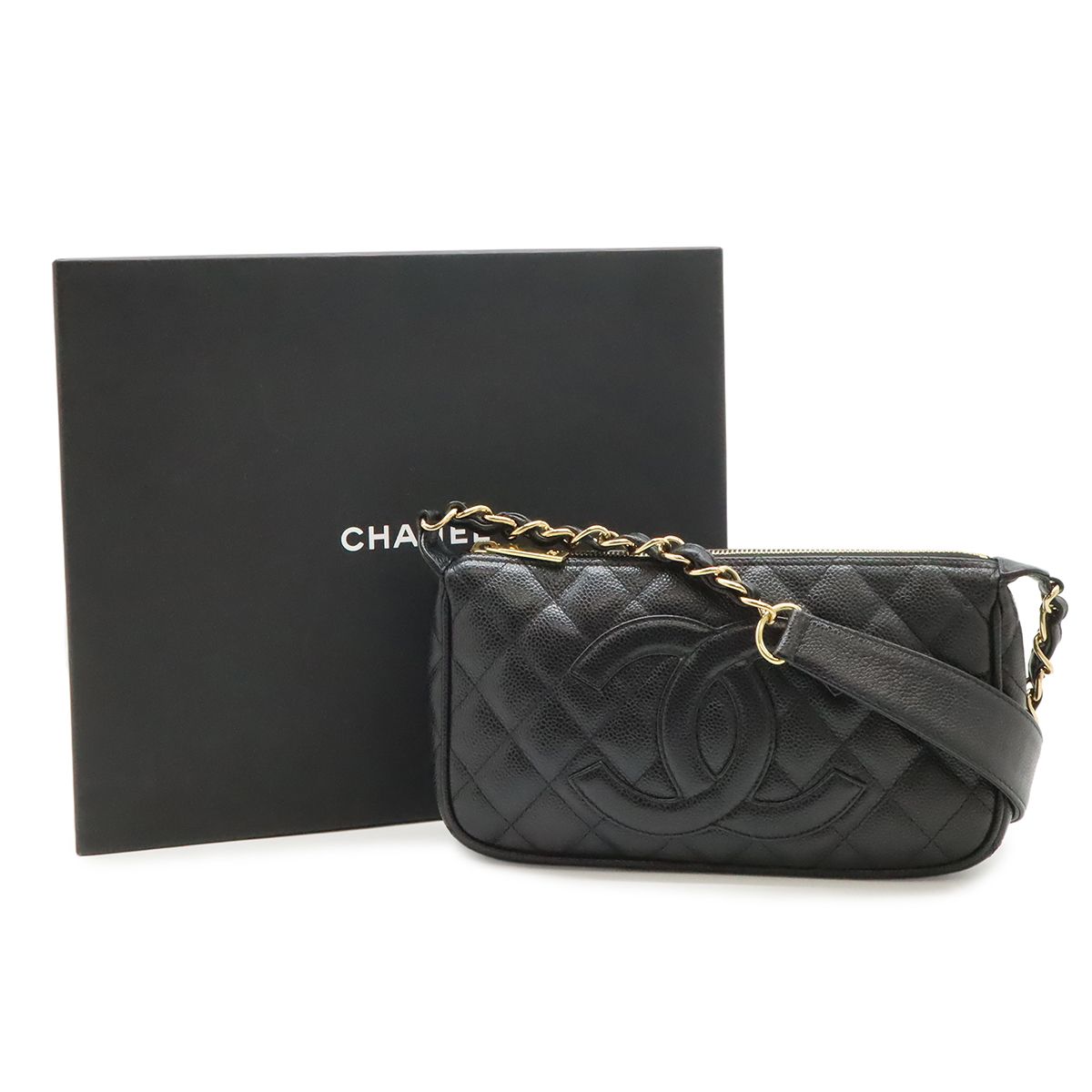 Chanel Quilted CC Logo Chain Shoulder Bag Caviar Leather Black Gold — view 9