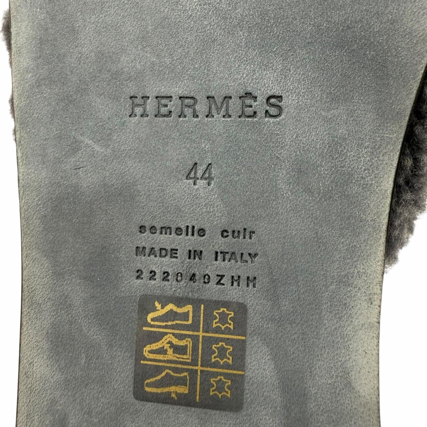 Hermes Izmir Shearling Leather Logo Boa Slide Sandals Gray — view 8