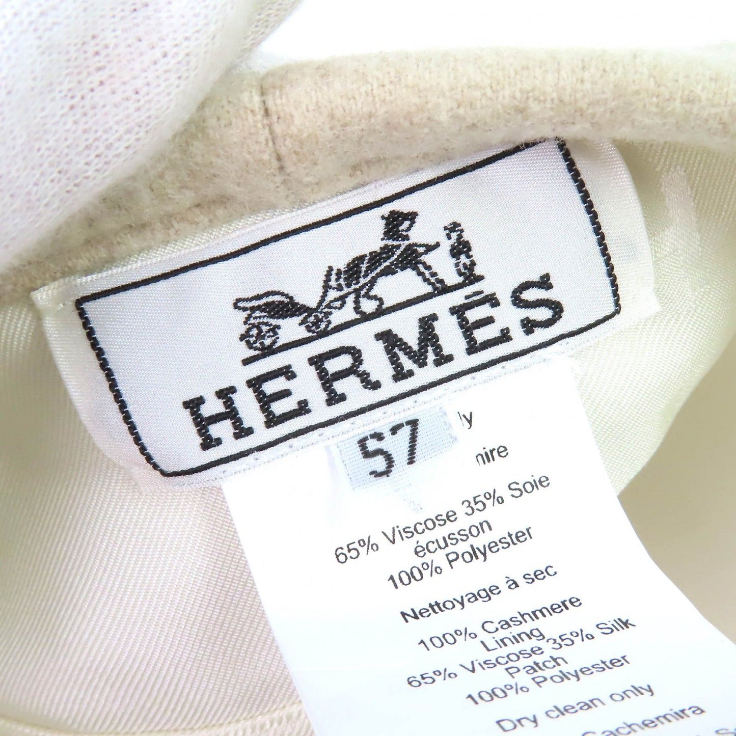 Hermes Sainte Honore Cashmere 100% Silver Series Button Beret Hat Beige 57 — view 9