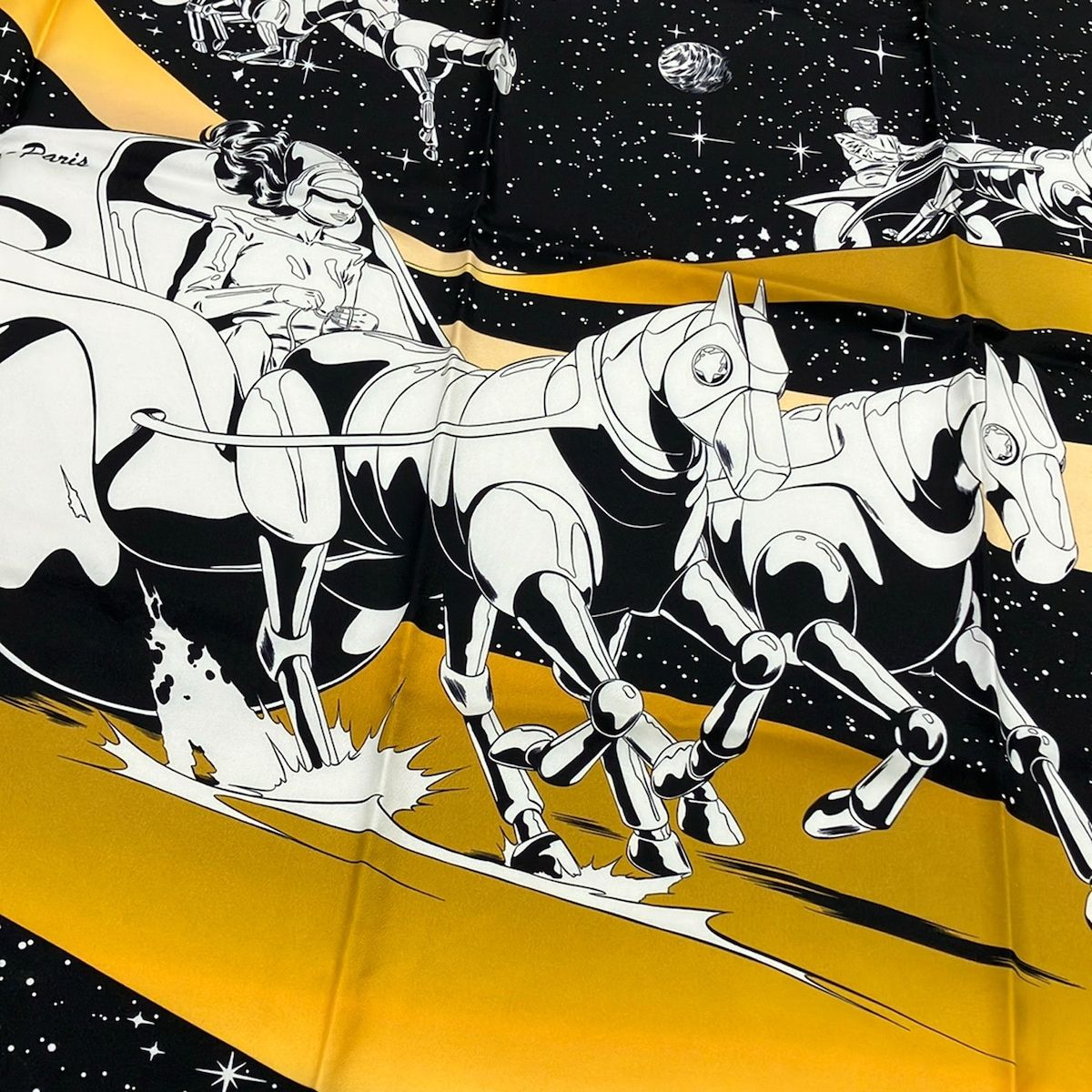 Hermes Scarf Carre 90 Noir Blanc Gold Space Derby — view 4