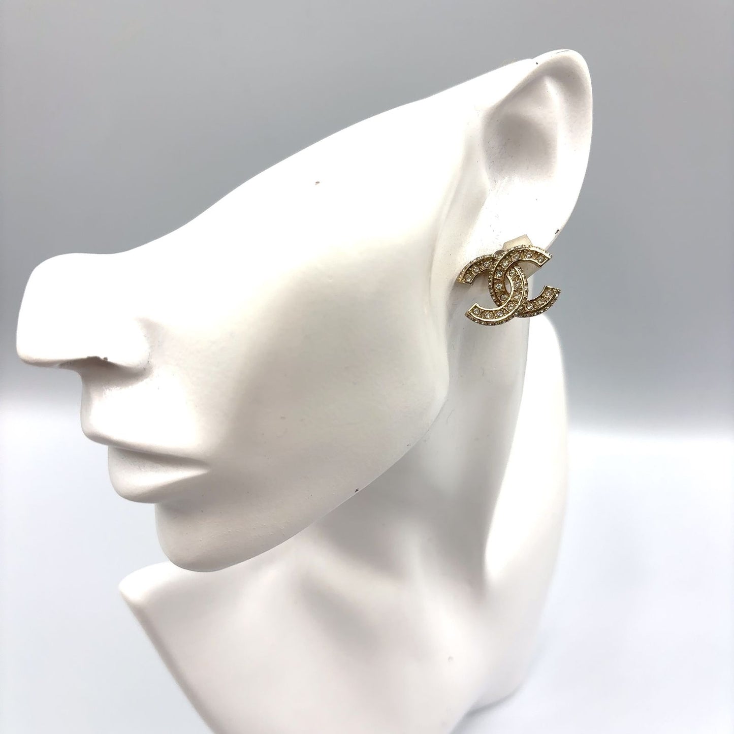 Chanel CC Logo Line Stone Color Clear Gold Earrings — view 9
