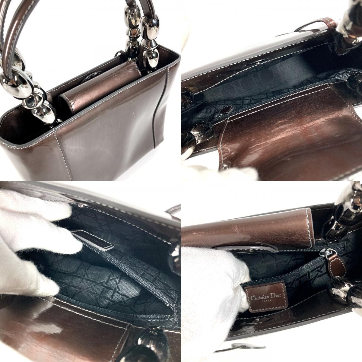 Dior Handbag Maris Pearl Logo Patent Leather Brown — view 9