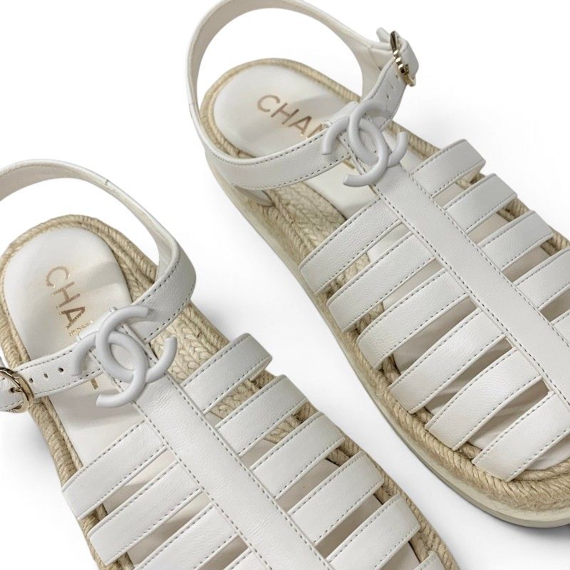 Chanel Sandals Shoes Leather White CC Logo Gladiator Espadrilles — view 9