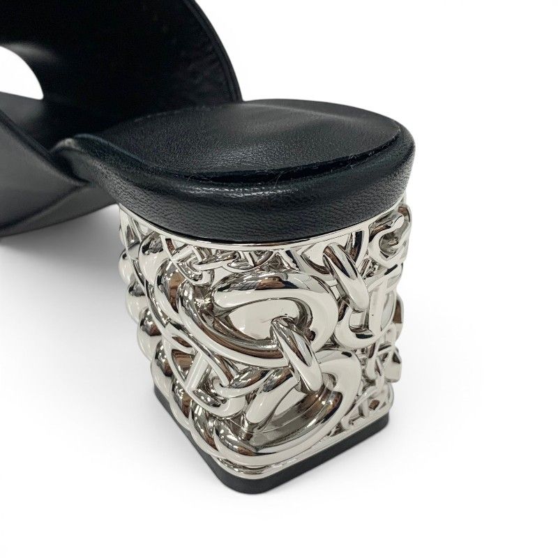 Hermes Sandals Shoes Leather Metal Heels Black Silver Chaine D'ancre Mules — view 9