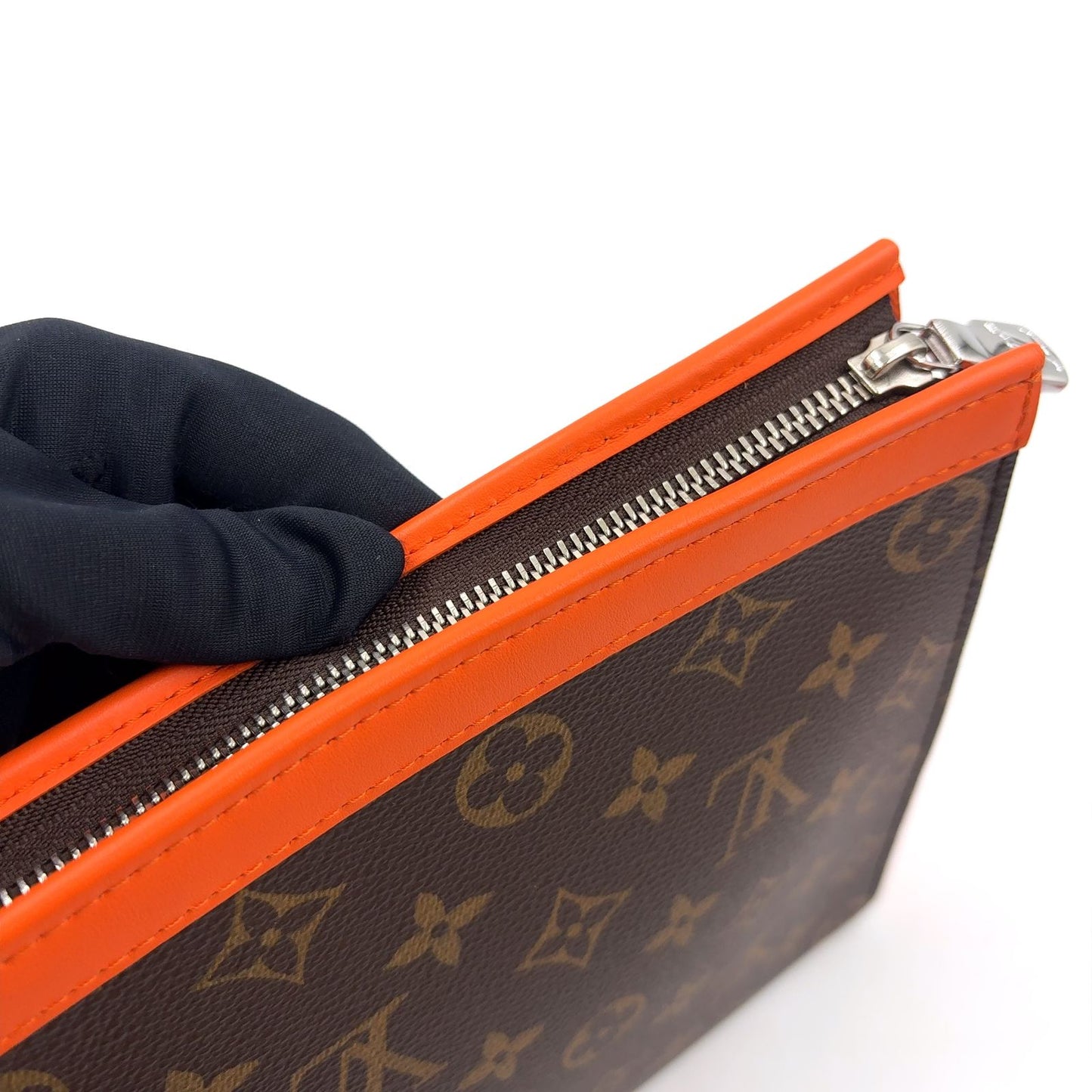 Louis Vuitton Pochette Voyage MM Monogram Macassar Leather Orange Brown Clutch — view 9