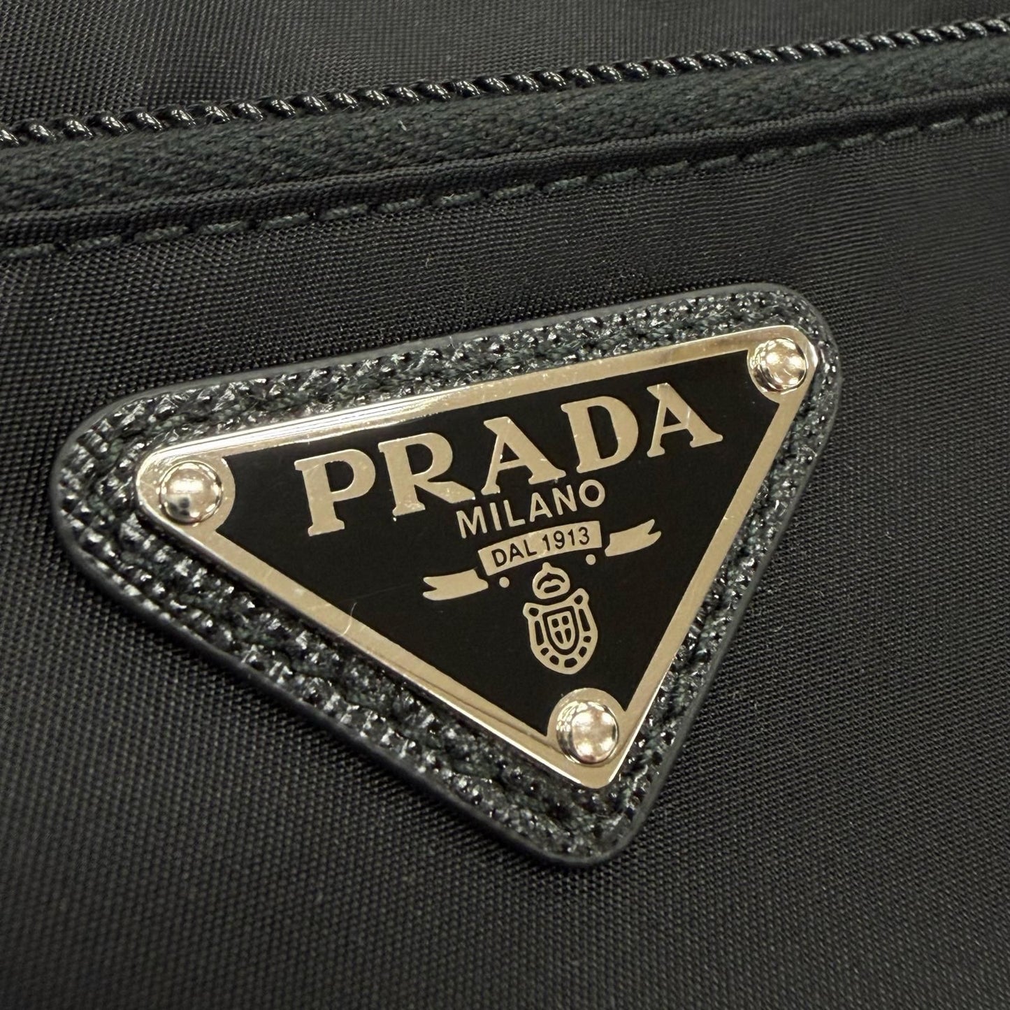 Prada Nylon Saffiano Leather Re-Nylon Triangle Logo Plate Pouch Handbag Clutch — view 9
