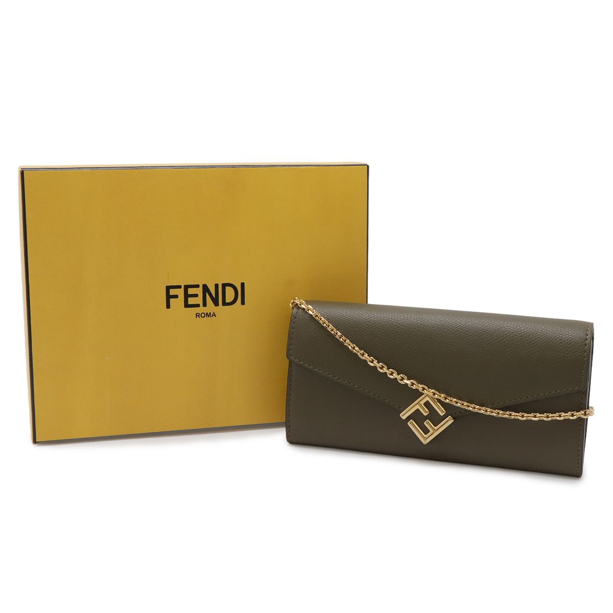 Fendi FF Diamond Chain Wallet Clutch 2-Way Pochette Leather Gray Gold — view 9