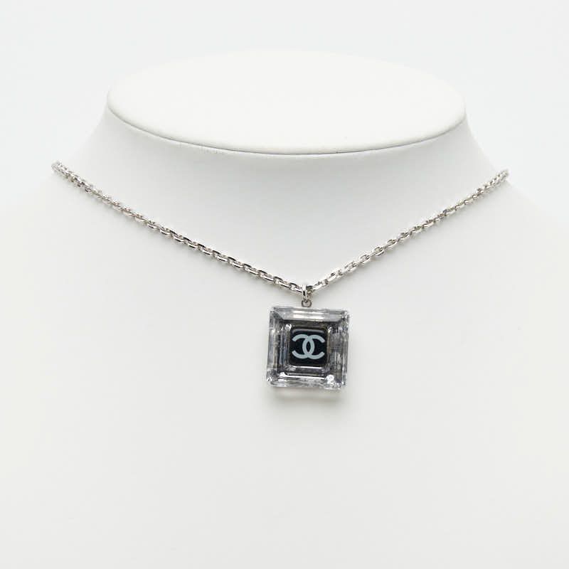 Chanel CC Logo Square Pendant Necklace 05 Clear Black Plastic Metal — view 6