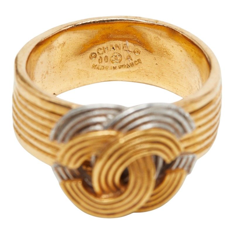 Chanel CC Logo Stripe Ring Gold Silver Plated — view 8