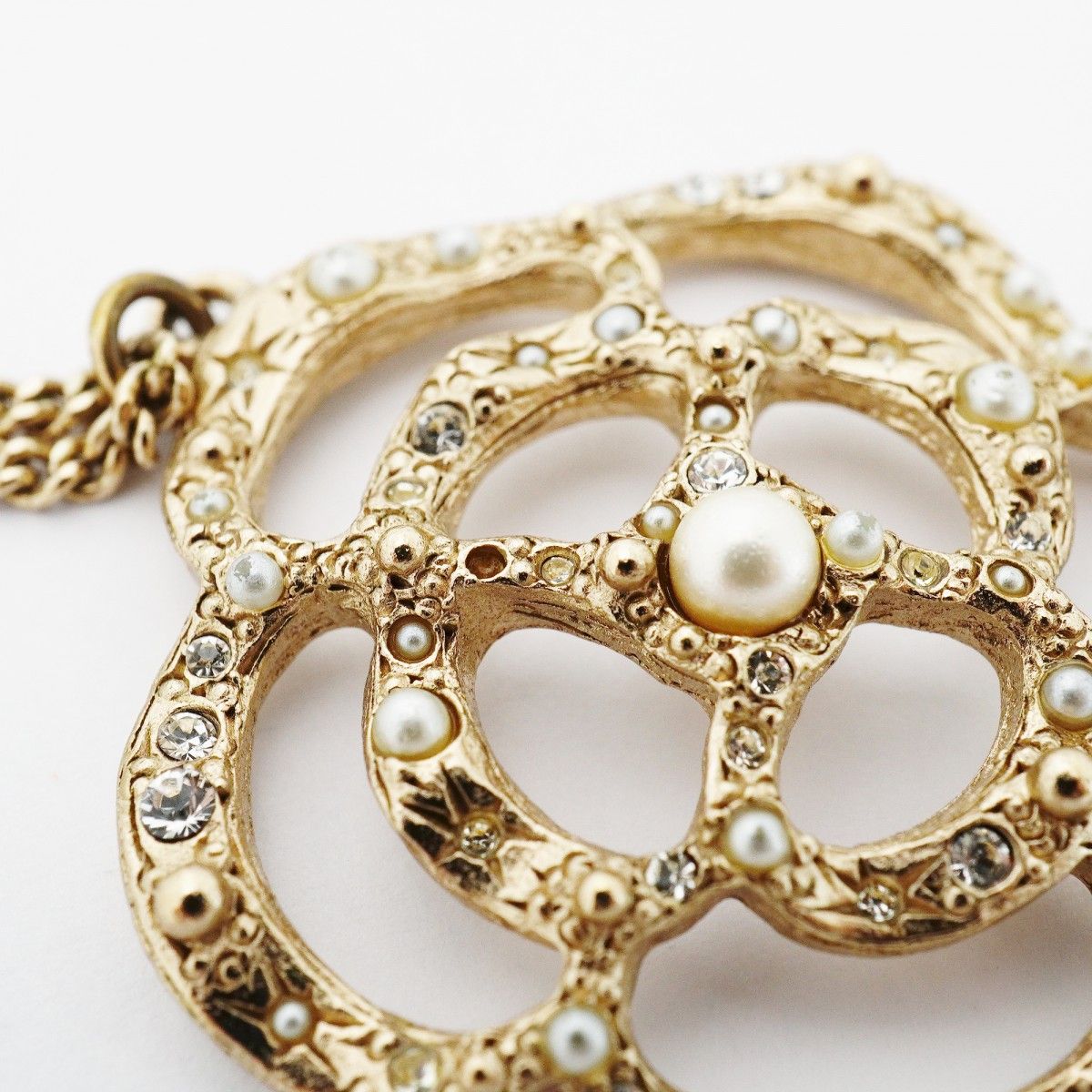 Chanel Necklace CC Logo Camellia Gold Plated Line Stone Faux Pearl Chien — view 6