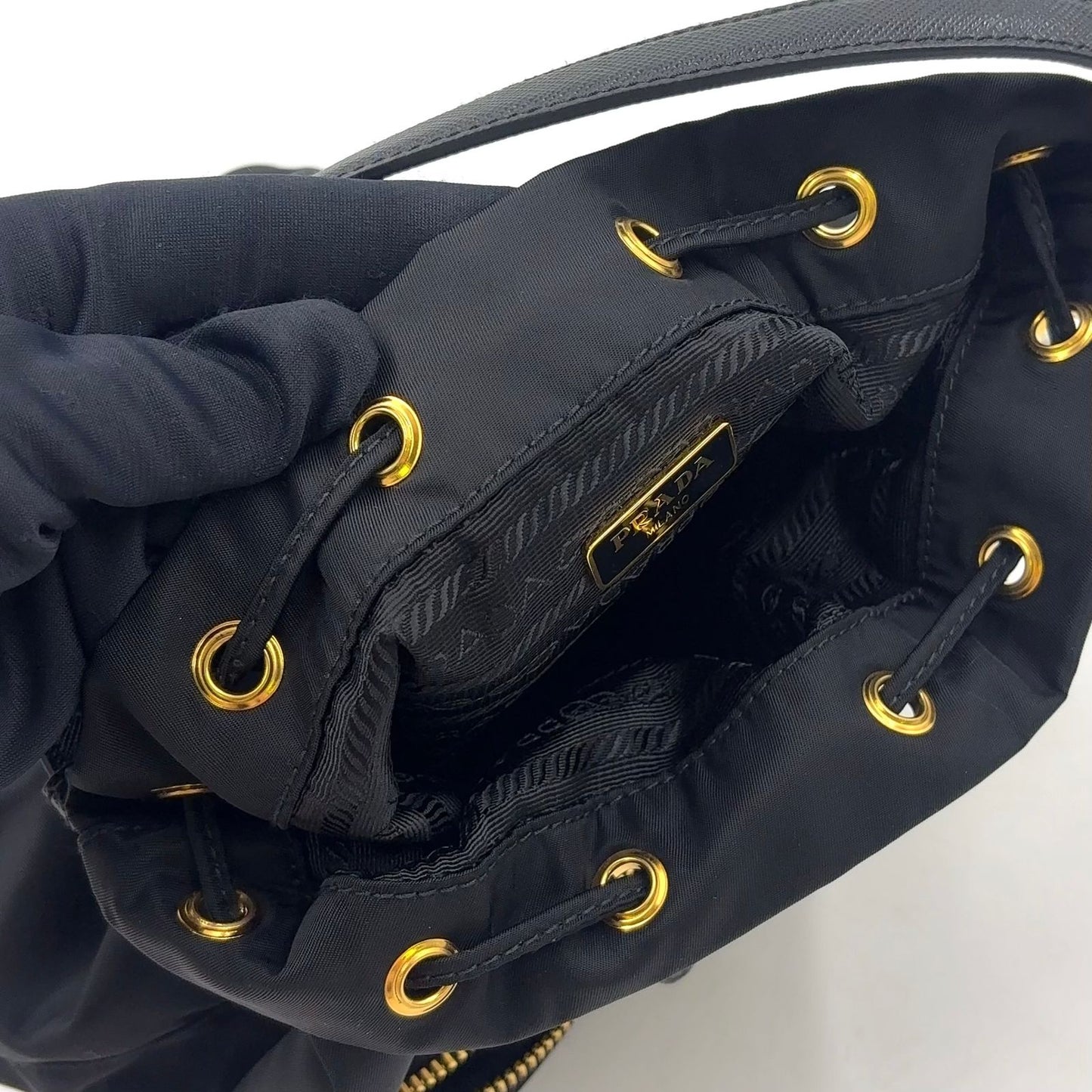 Prada Bucket 2-Way Nylon Black Handbag Gold — view 9
