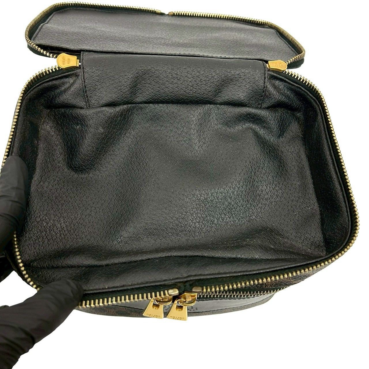 Celine Vintage Macadam Blason Pattern Leather Handbag Vanity Makeup Box Black — view 9
