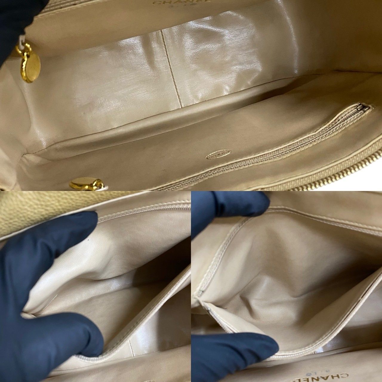 Chanel Card with Stitch CC Logo Caviar Leather Chain Shoulder Bag Beige — view 9