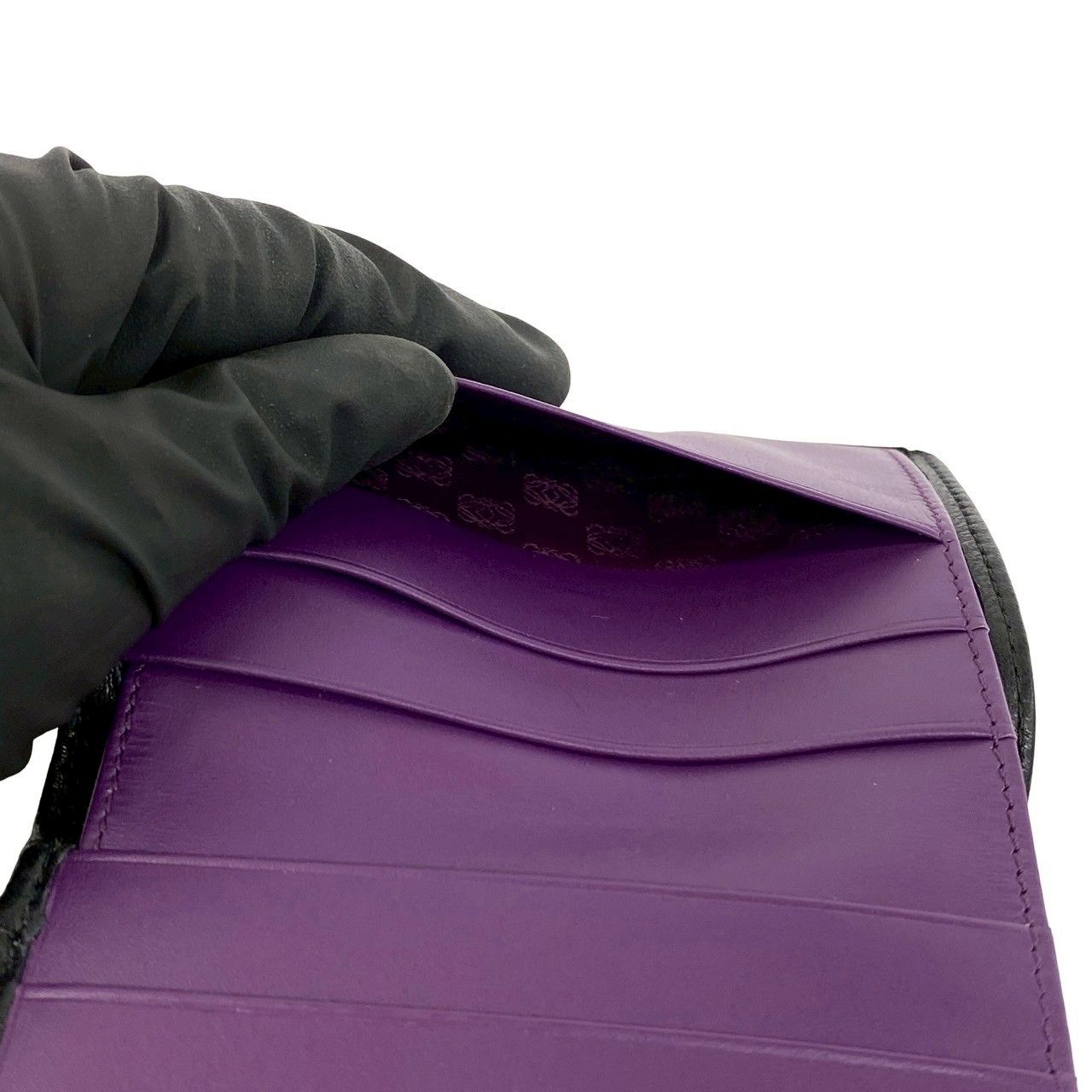 Loewe Anagram Logo Nappa Leather Trifold Wallet Mini Card Case Black Purple — view 9