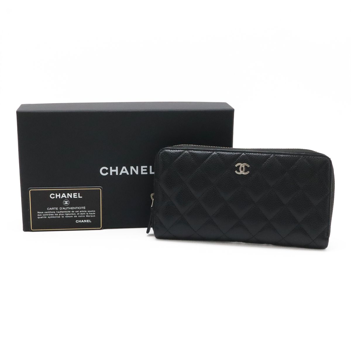 Chanel Quilted CC Logo Long Zip Wallet Zip Around Caviar Leather Black Silver — view 9
