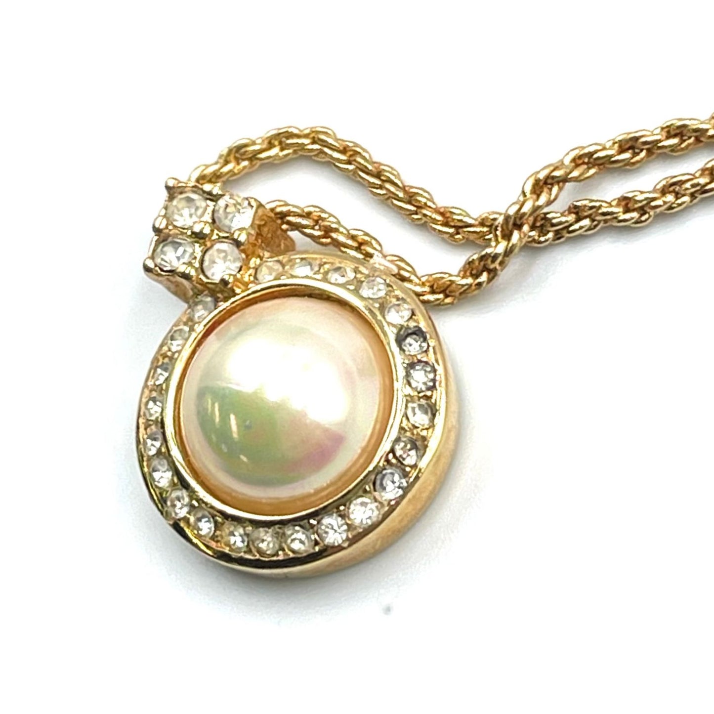 Dior Faux Pearl Line Stone Gold Necklace — view 9
