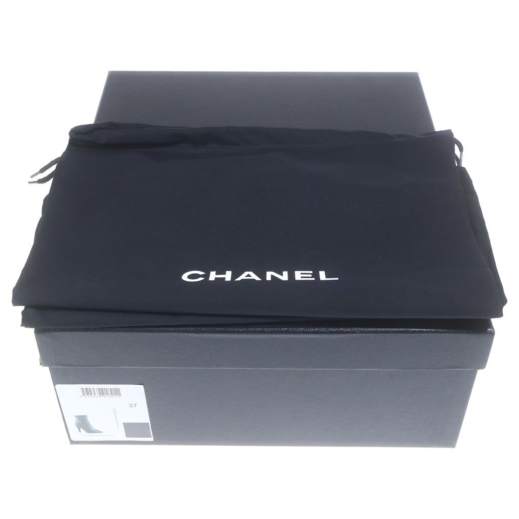 Chanel Logo Plate Leather Heels Pointed Toe Side Zip Short Boots Shoes Black — view 6