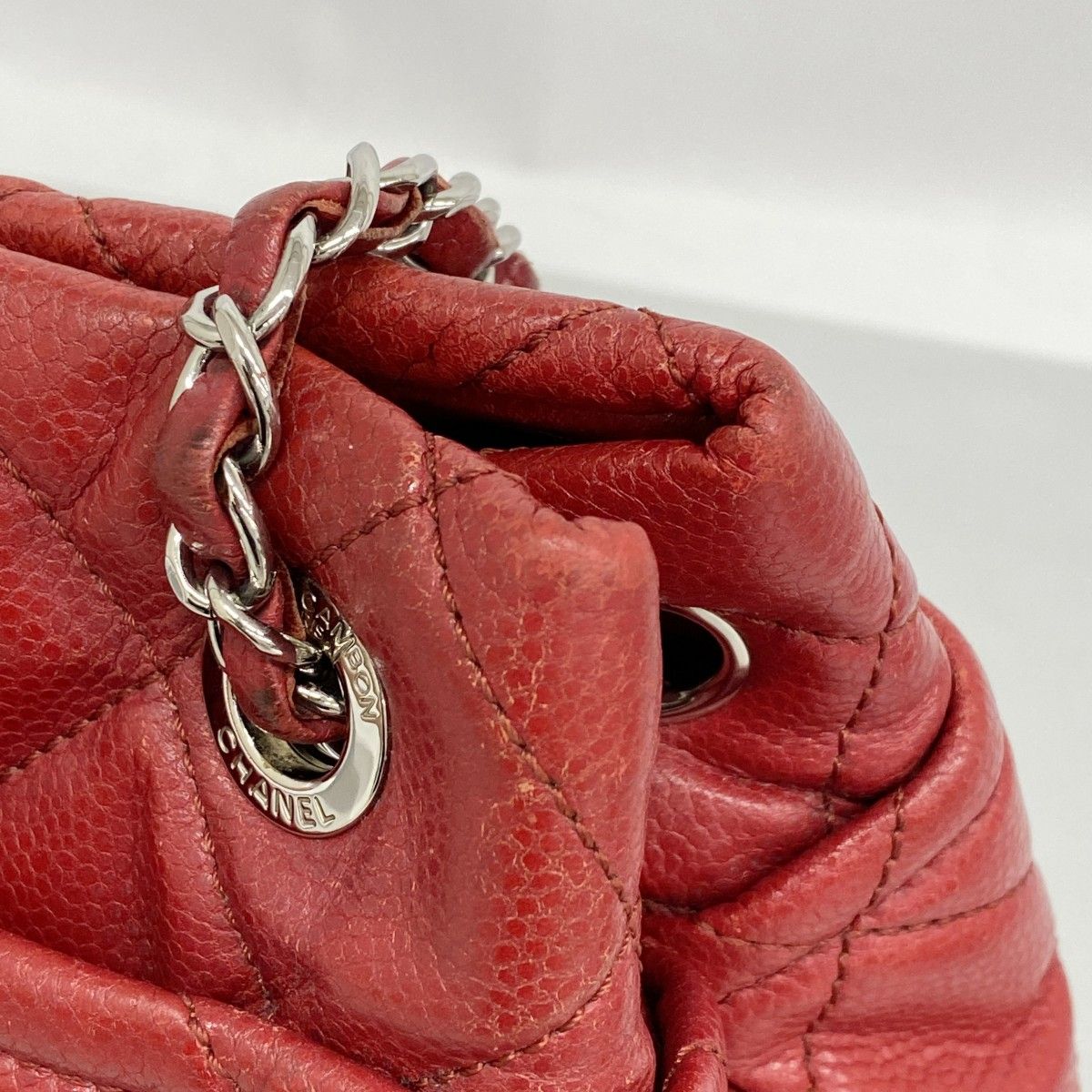 Chanel Chain Tote Quilted Caviar Leather Red Silver — view 9