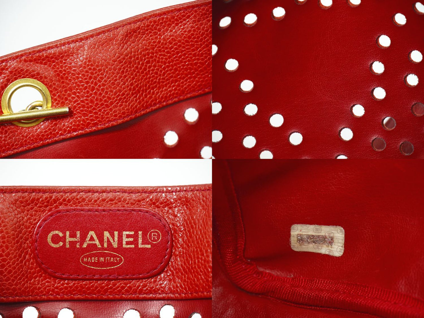 Chanel Perforated Triple CC Logo Shoulder Bag Tote Caviar Leather Red — view 9