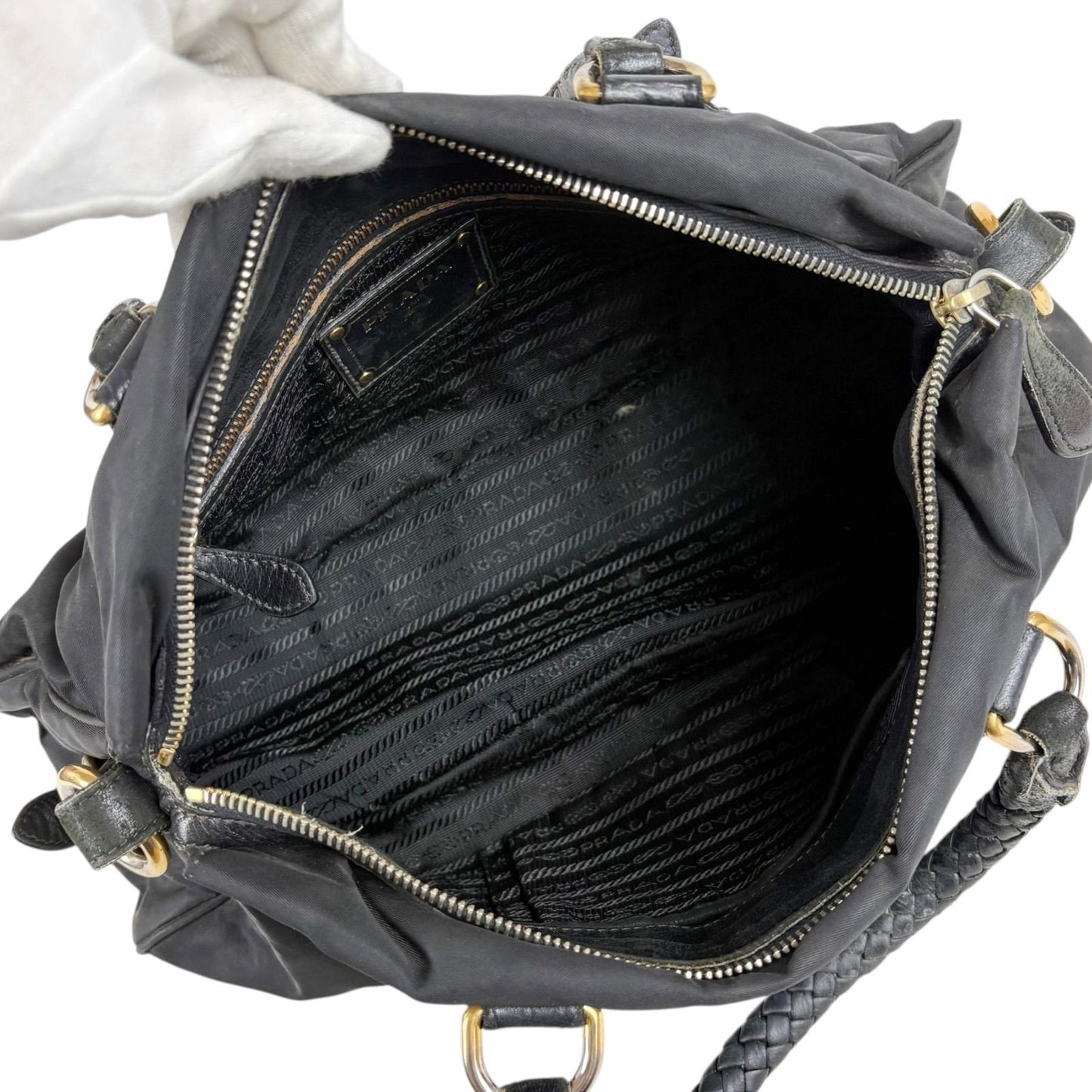 Prada 2-Way Triangle Logo Shoulder Bag Cross Tessuto Nylon Leather Black Nero — view 9