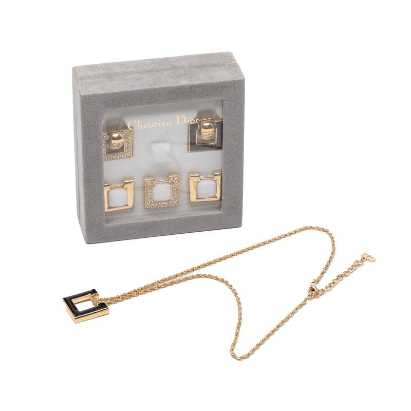 Dior Vintage Earrings Necklace Set Gold Black Plated Line Stone — view 7