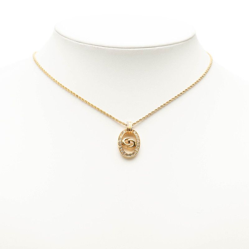 Dior CD Logo Oval Chain Pendant Necklace Gold Plated Line Stone — view 6
