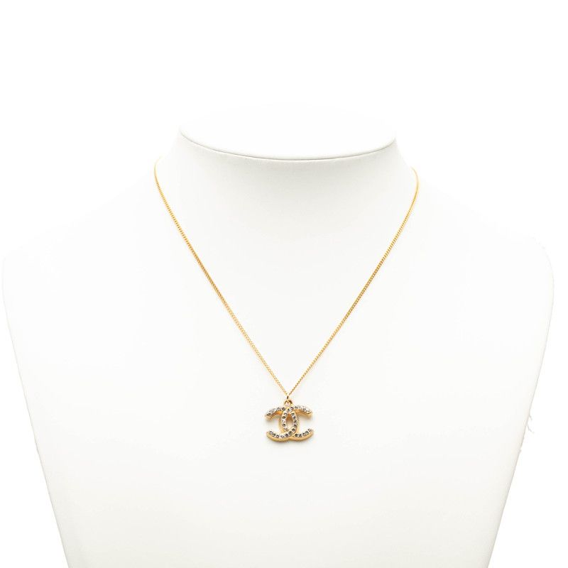 Chanel CC Logo Chain Pendant Necklace 01 Gold Plated Line Stone — view 6