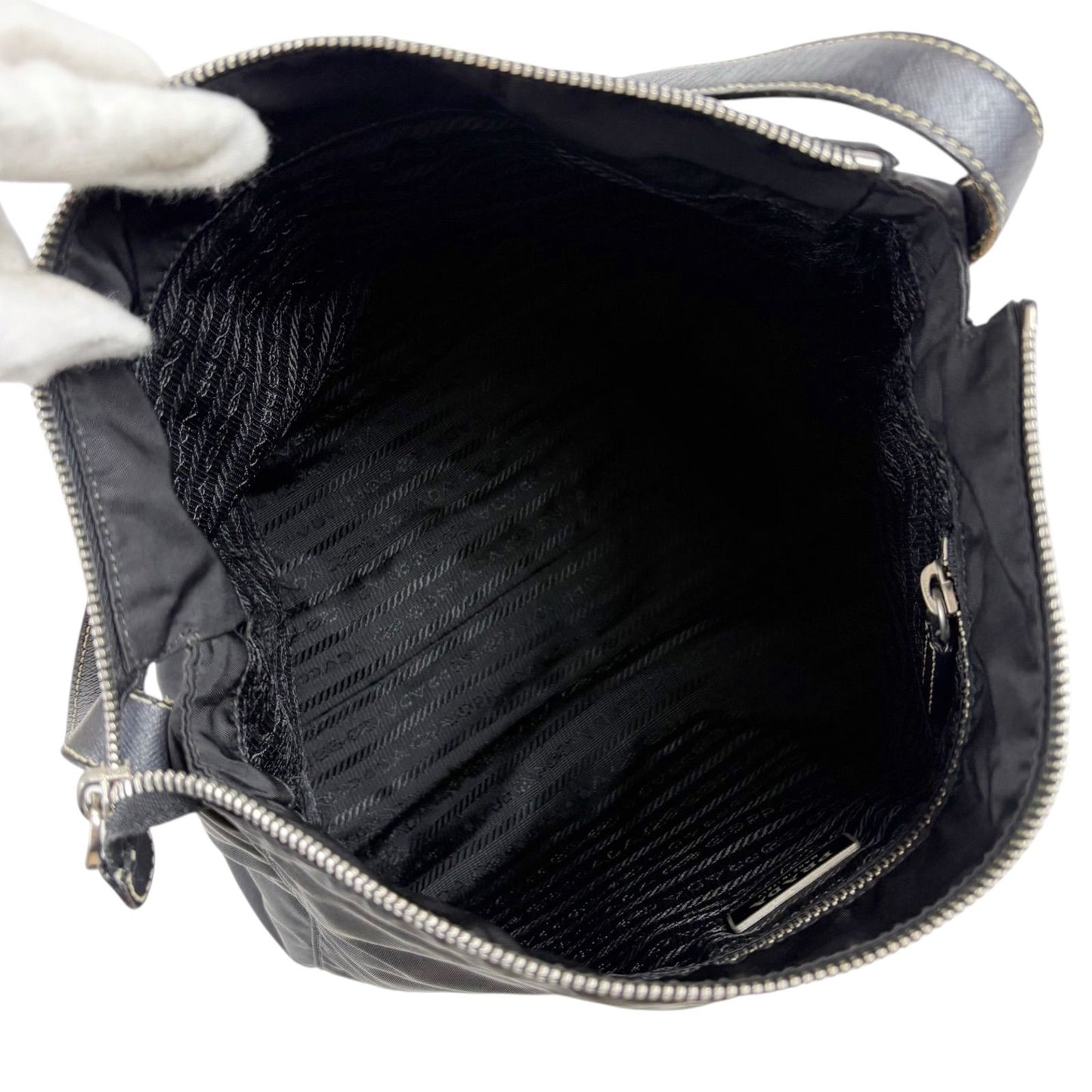 Prada Triangle Logo Shoulder Bag Hobo Black Tessuto Nylon Leather — view 9