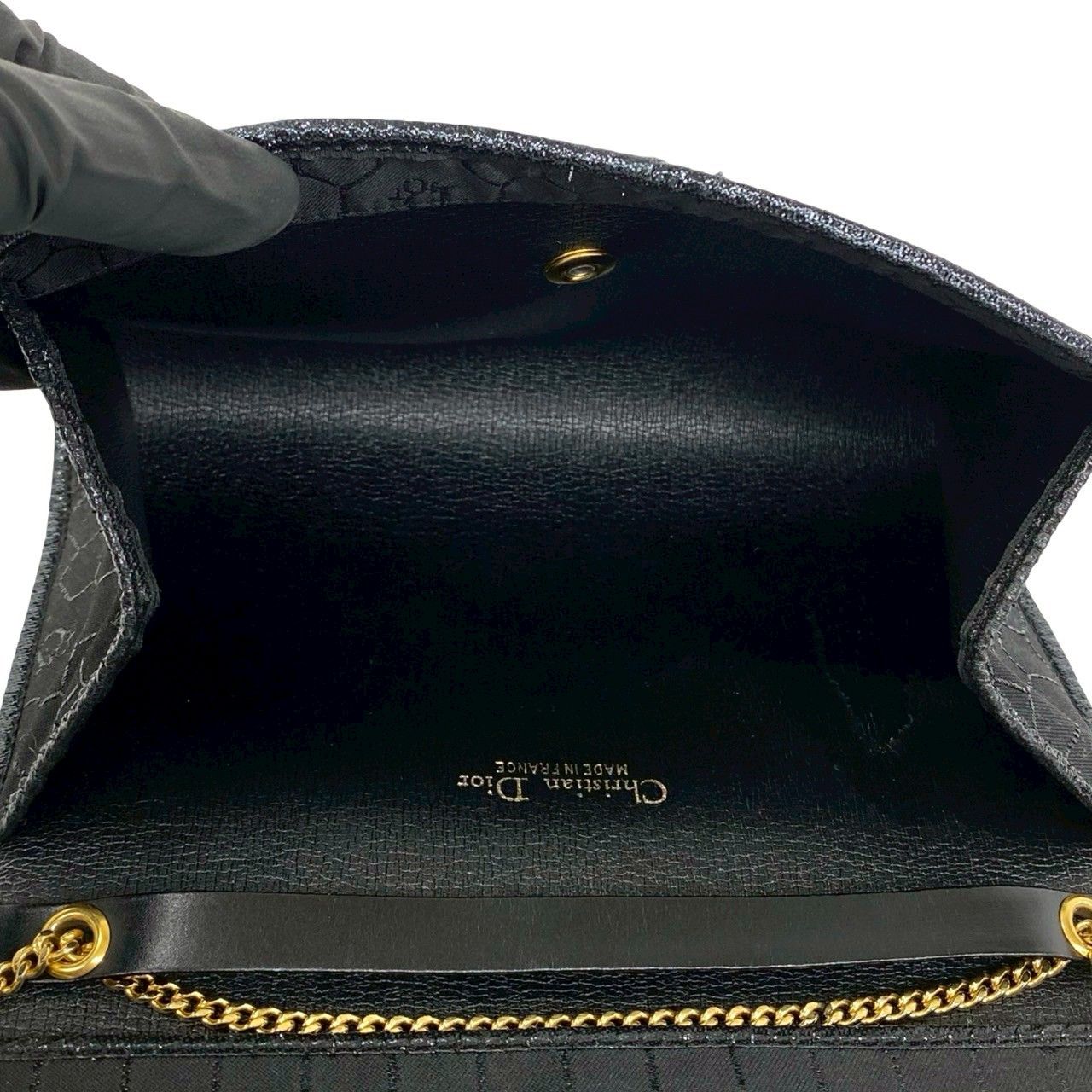 Dior Vintage Honeycomb Pattern Logo Nylon Leather Chain Shoulder Bag Black — view 9