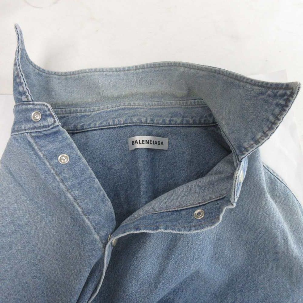 Balenciaga Logo Embroidered Snap Denim Shirt Oversize Long Sleeve 38 Blue — view 7