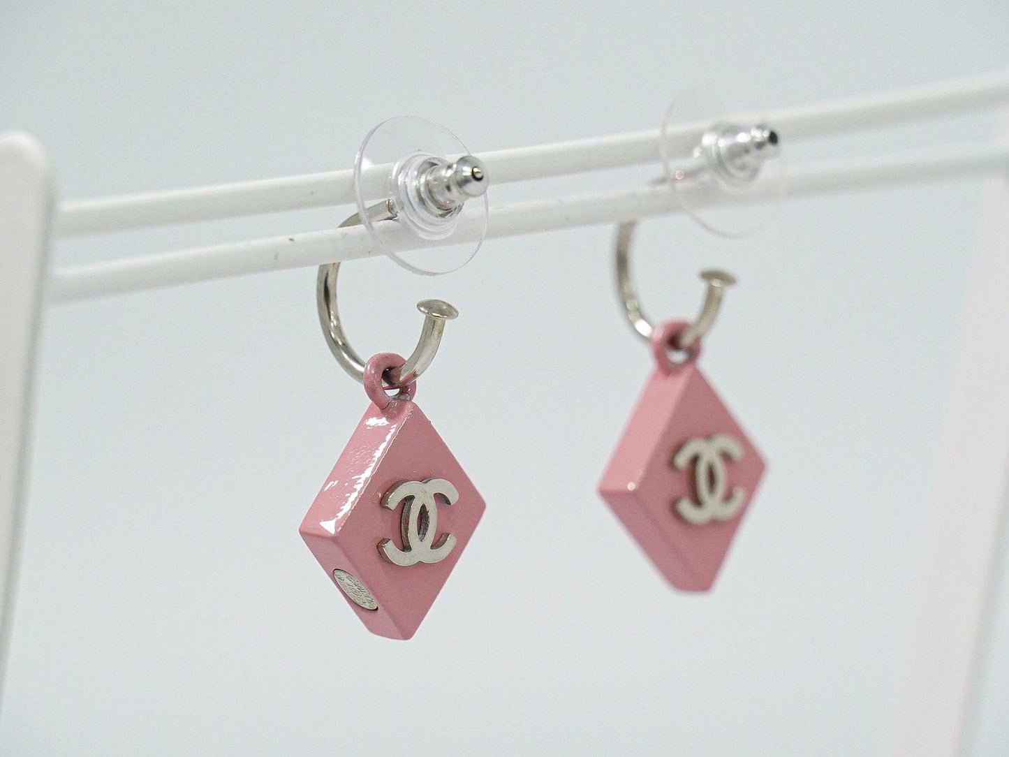 Chanel CC Logo Earrings Plastic Metal Pink Silver — view 8