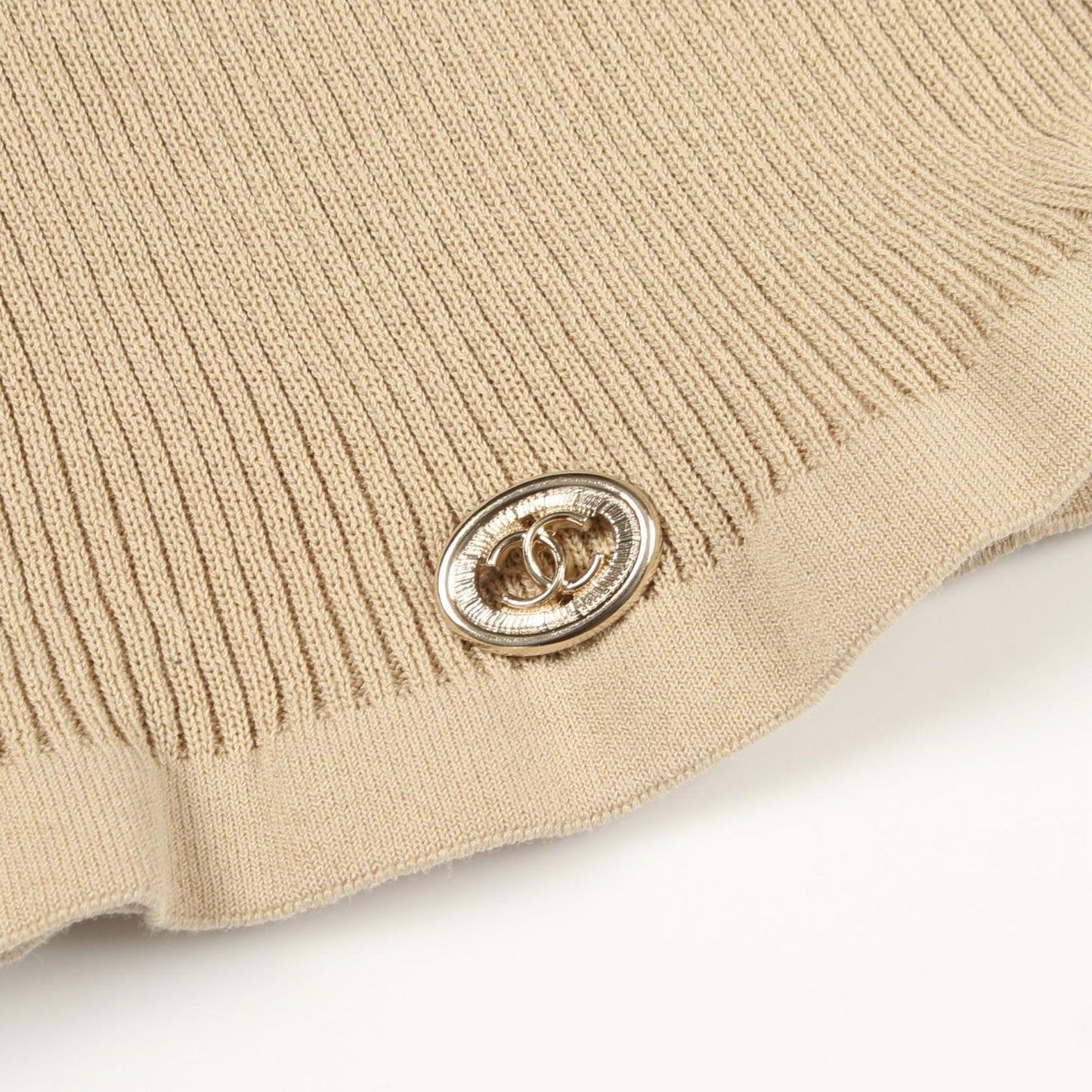 Chanel Knit CC Logo Button Short Sleeve Rib Beige Cotton Silk Sweater — view 5