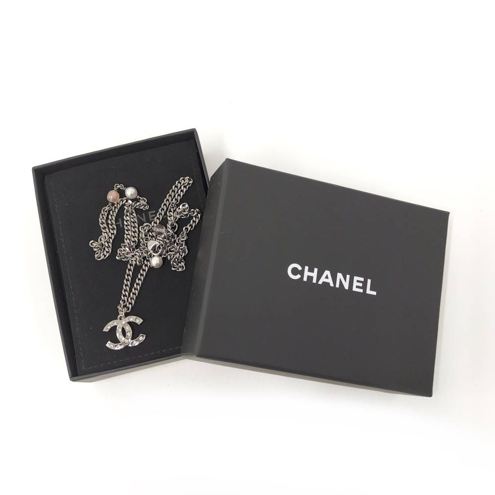 Chanel Necklace CC Logo Costume Pearl Line Stone Silver Metal Plated — view 9