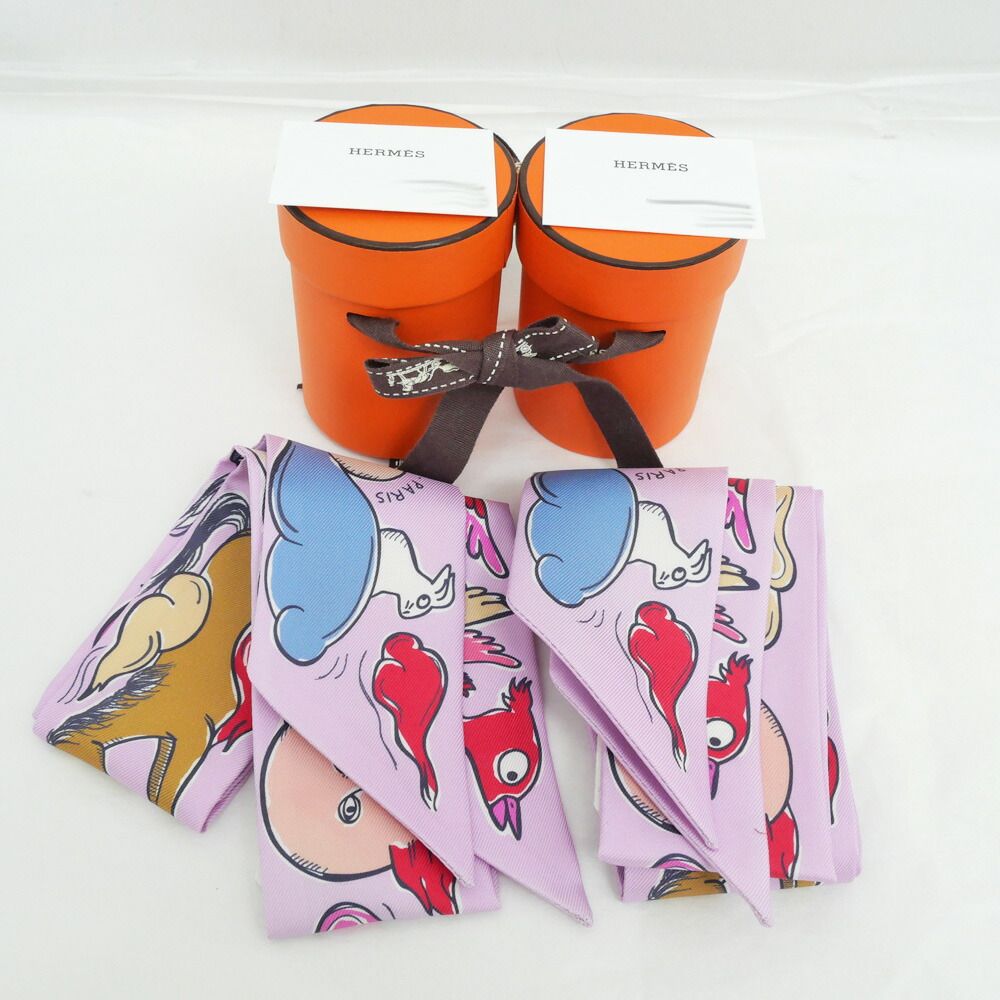 Hermes Twilly Set of 2 Scarf a Thousand and One Rabbit Palm Rose Vif Camel Silk — view 8