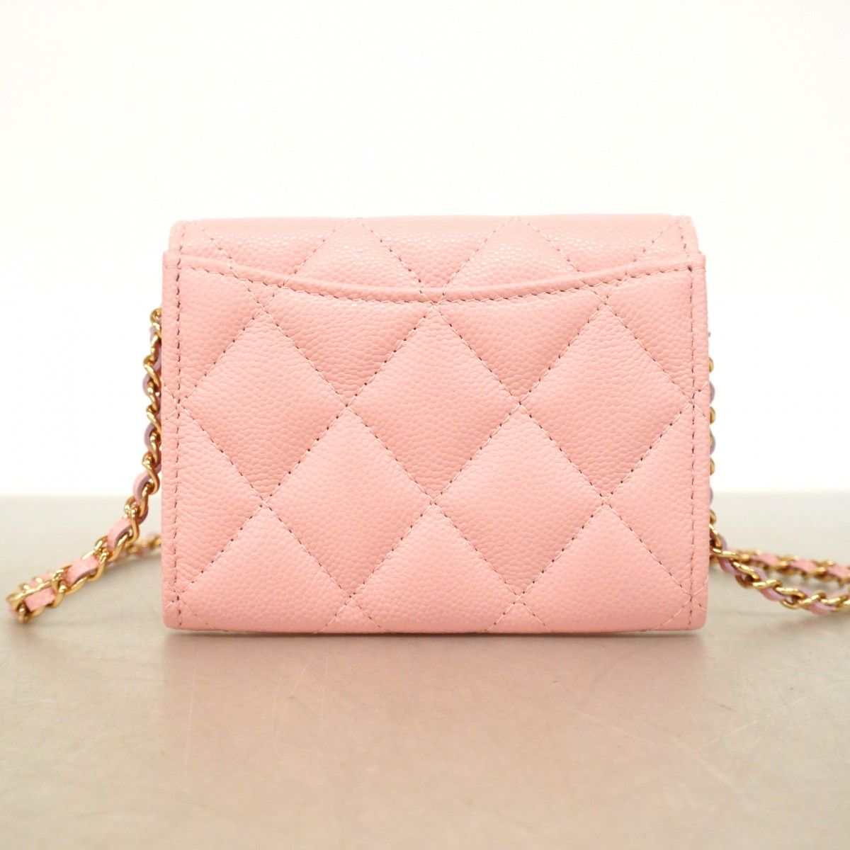 Chanel Shoulder Wallet Quilted Caviar Leather Pink Champagne Gold — view 8