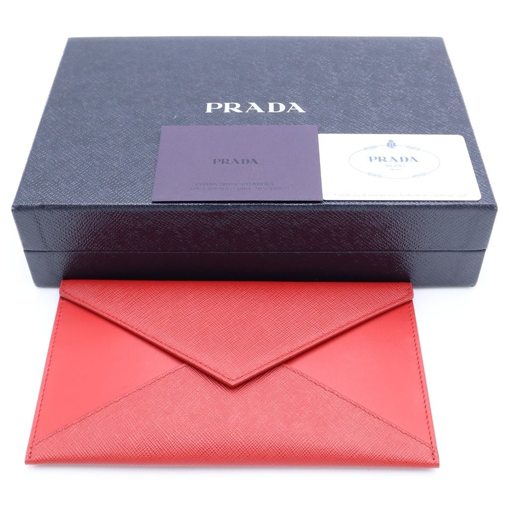 Prada Letter Clutch Back Second Fourco Red Leather Gold — view 6