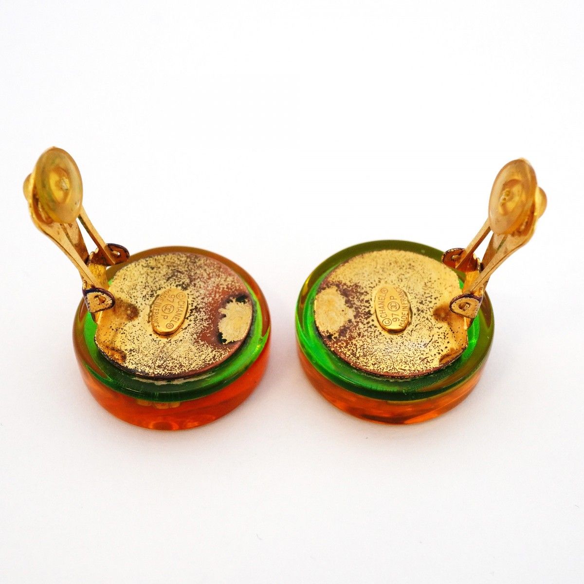 Chanel Earrings Vintage CC Logo Camellia Heels Gold Plated Resin Orange — view 6