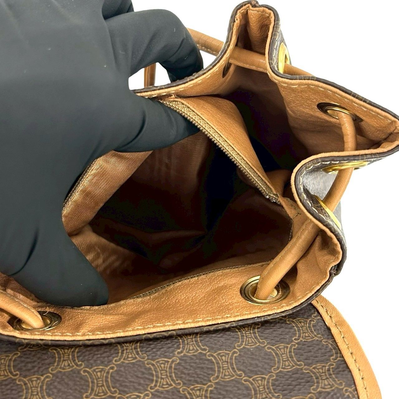Celine Vintage Macadam Blason Triomphe Pattern Logo Ring Leather Backpack Brown