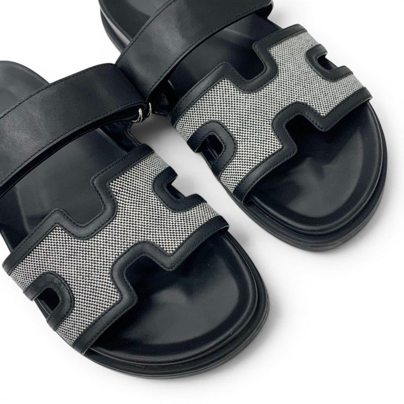 Hermes Chypre Sandals Shoes Leather Fabric Black Gray Velcro Strap Flat — view 9