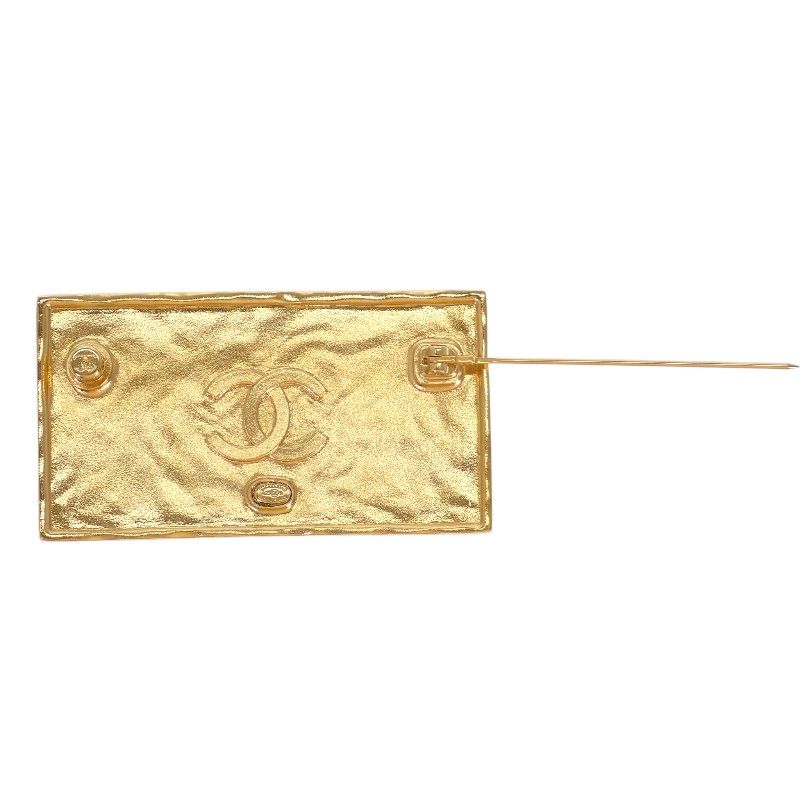Chanel Logo Plate Brooch Metal Leather Gold Black Square — view 9