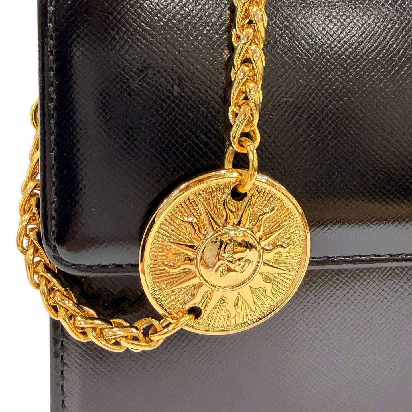 Versace Vintage Sunburst Leather Handbag Vanity Bag Black Gold — view 9