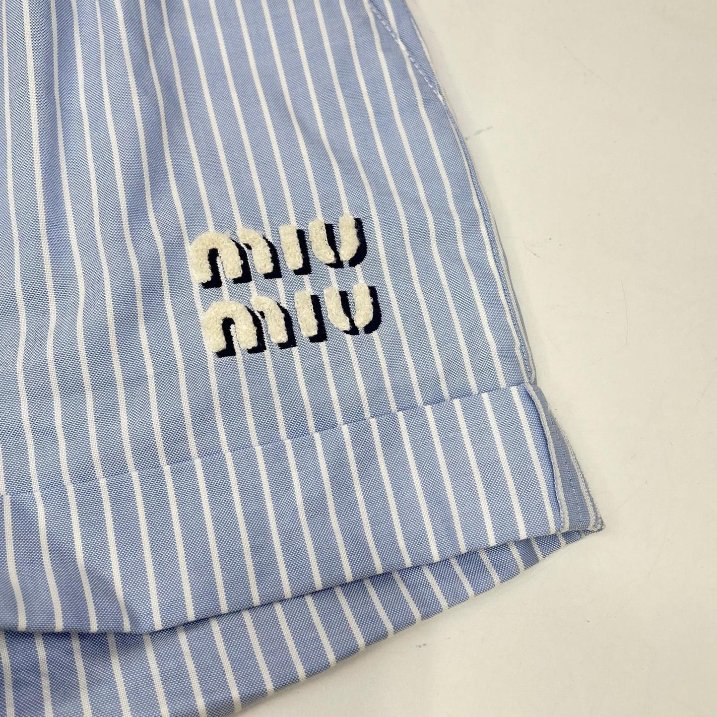 Miu Miu Blue White Chenille Logo Striped Shorts 36 — view 5