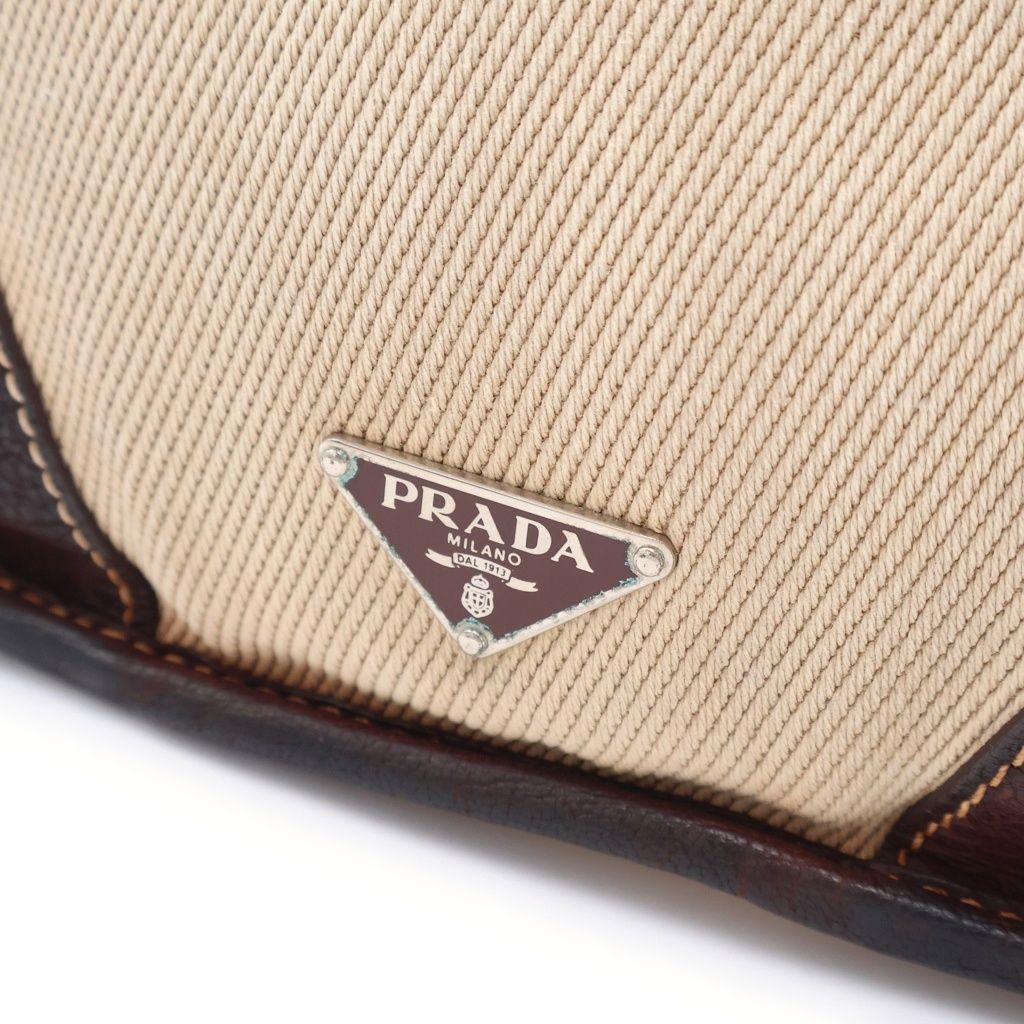 Prada Shoulder Bag Brown Ivory Leather Canvas Silver — view 6