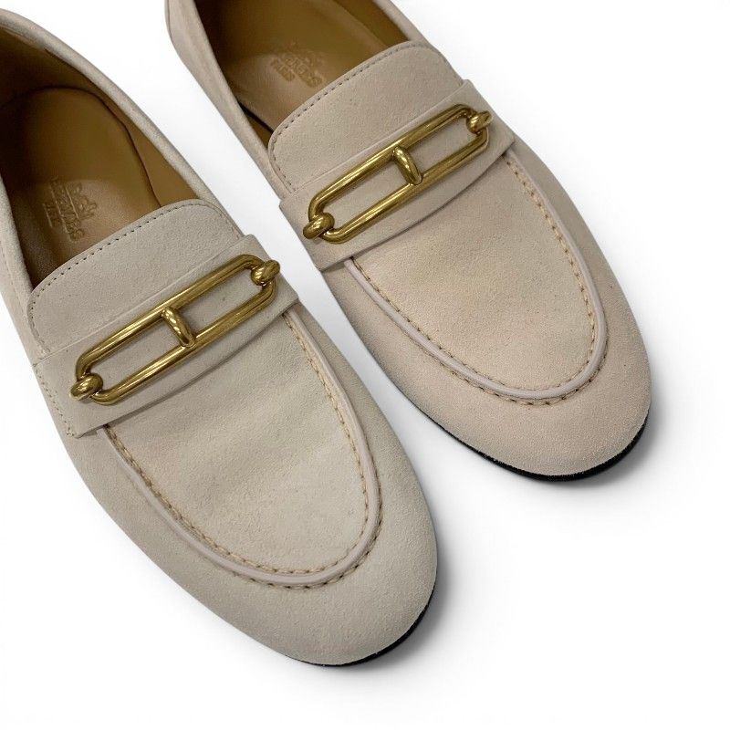 Hermes Colette Loafers Leather Shoes Suede Pink Beige Gold Roulis Buckle — view 9