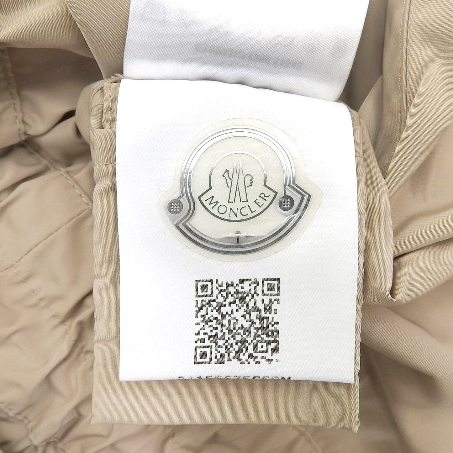 Moncler Lepris Logo Patch Hooded Drawstring Nylon Coat Beige — view 9